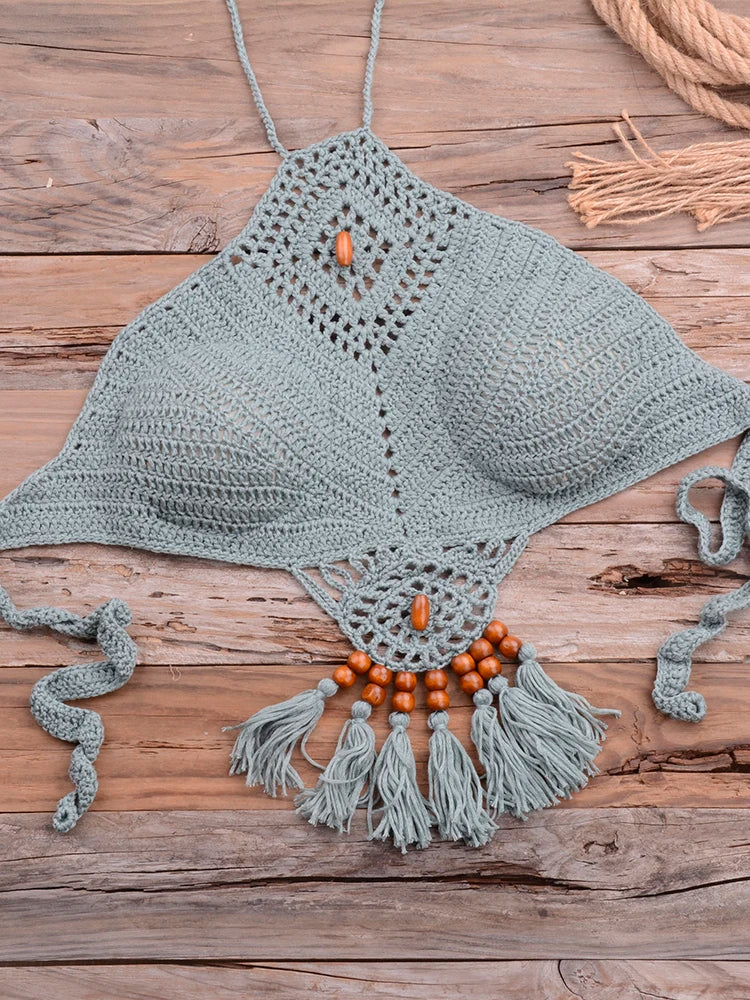 Bikini 2025 knitting Swimsuit Crochet Bikini Bohemia Style Off Shoulder High Neck Bathing Beach Bikinis Handmade Crochet Bikini