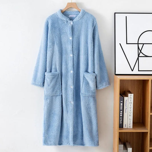 Autumn Winter Thick Bathrobe Women Comfortable Coral Fleece Button Sleepwear Robe Female Dressing Gowns Loose Flannel Robes