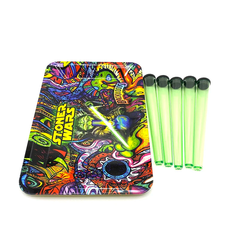 5pcs Airtight Storage Containers Smell Proof Holders with Metal Rolling Tray 18X12.5CM Tobacco Smoking Accessories