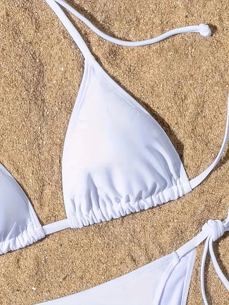 1Pc Women Swimsuit Ribbed Backless Pads Bikini Set Halter Triangle Bra Side Tie Thong Swimwear Beachwear Lady Bathing Suit