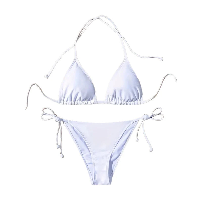 1Pc Women Swimsuit Ribbed Backless Pads Bikini Set Halter Triangle Bra Side Tie Thong Swimwear Beachwear Lady Bathing Suit