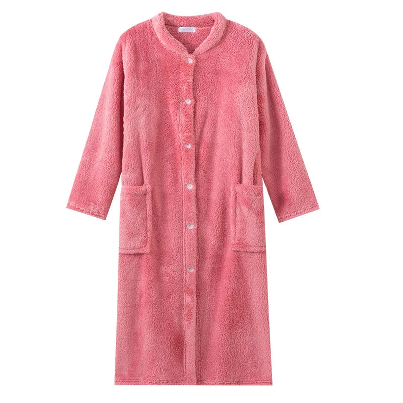 Autumn Winter Thick Bathrobe Women Comfortable Coral Fleece Button Sleepwear Robe Female Dressing Gowns Loose Flannel Robes