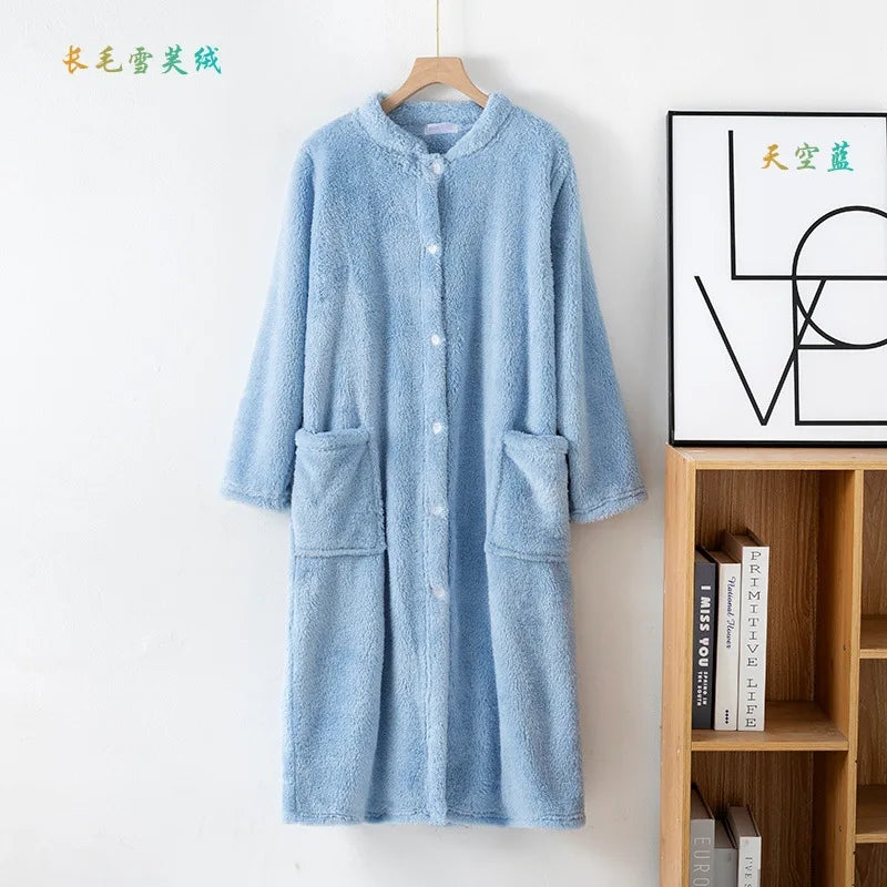 Autumn Winter Thick Bathrobe Women Comfortable Coral Fleece Button Sleepwear Robe Female Dressing Gowns Loose Flannel Robes