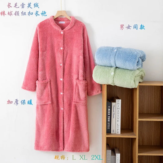 Autumn Winter Thick Bathrobe Women Comfortable Coral Fleece Button Sleepwear Robe Female Dressing Gowns Loose Flannel Robes