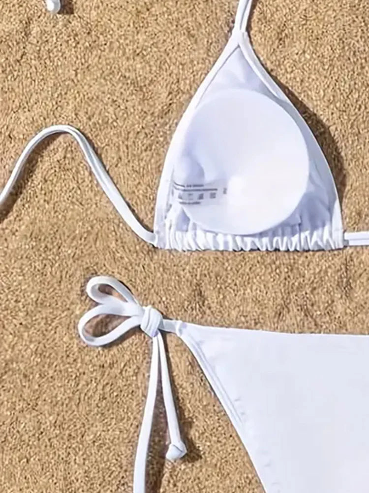 1Pc Women Swimsuit Ribbed Backless Pads Bikini Set Halter Triangle Bra Side Tie Thong Swimwear Beachwear Lady Bathing Suit